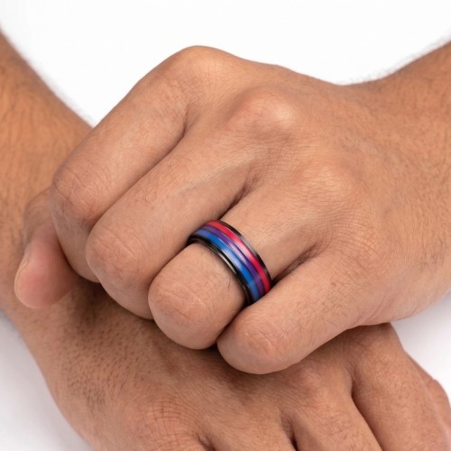 Anello di stress rotante per uomo in acciaio nero con anello blu viola rosso bisessuale orgoglio