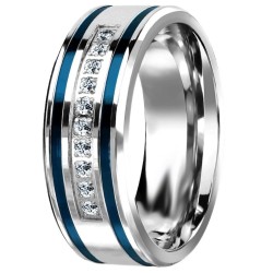 Bague de fiançailles pour homme en acier poli avec deux lignes bleues et rangée de zircons