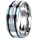 Verlobungsring aus polierter Stahlmann mit zwei blauen Linien und Zirkonsreihe