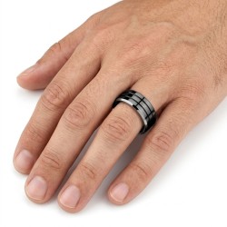 Anello uomo in acciaio inox lucido con grande banda centrale e due scanalature nere 2