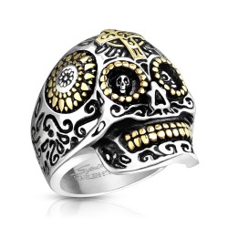 Bague chevalière homme acier doré tête de mort style méxicaine biker