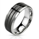 Polished stainless steel man ring with large central band and two black grooves