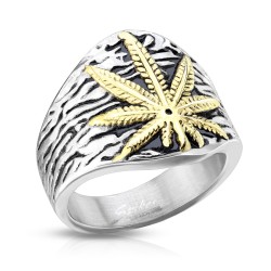 Bague chevalière homme acier inoxydable feuille de cannabis dorée