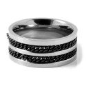 Glossy Silver Titanium Wide Ring With Double Black Chain Inlaid