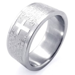 Anillo de acero plateado mixto con oración que nuestro Padre Español y Cruz
