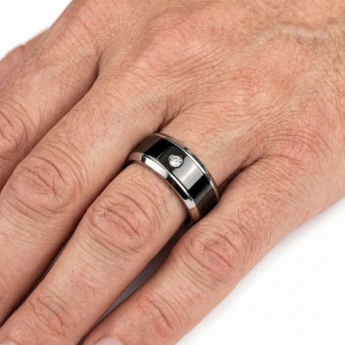 Alleanza Titanio Man Donna In Incisione | Anello nero, argento e zircone