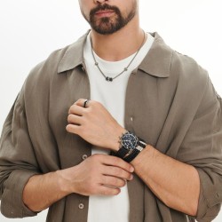 Braccialetto uomo in pelle nera intrecciata con cravatte e fibbia in acciaio in acciaio stile 2