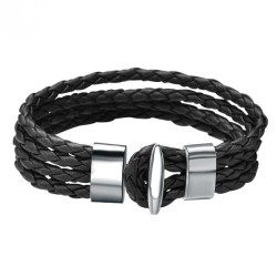 Braccialetto uomo in pelle nera intrecciata con cravatte e fibbia in acciaio in acciaio stile