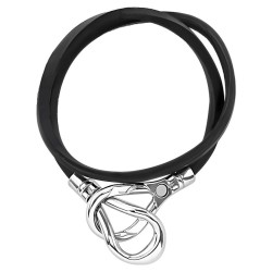 Bracelet mixte chic avec double lien en cuir noir et fermoir original en acier poli forme 2 nœuds