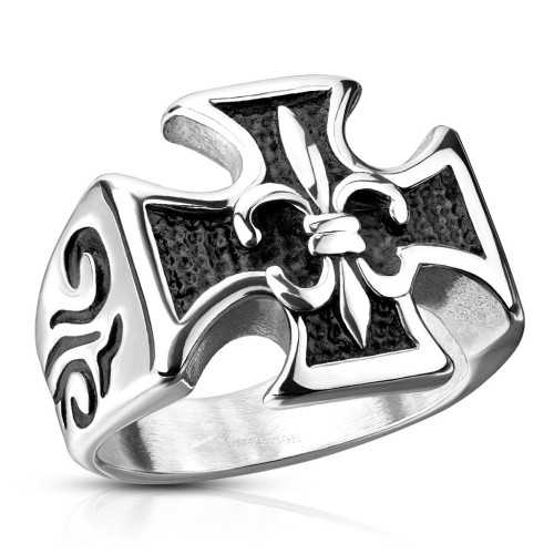 Bague chevalière homme en acier croix de malte fleur de lys tribaux