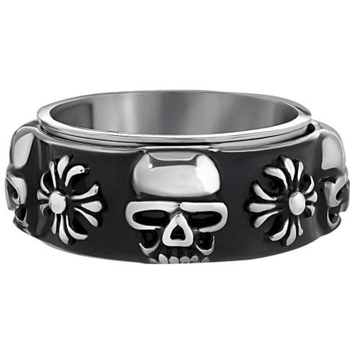Bague biker moderne rotative en acier inoxydable avec crânes et croix celtiques