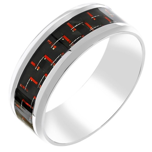 Details Man Ring Stainless Steel and Red Carbon Band and Modern Black