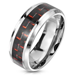 316L Edelstahl Herrenring und rotes und schwarzes Kohlefaserband