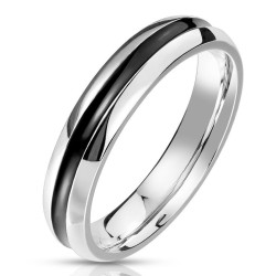 Anillo de la alianza moderna para mujer y hombre en acero inoxidable pulido con un elegante surco central negro
