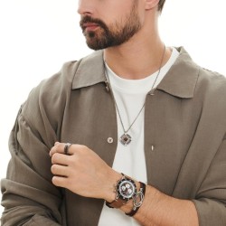 Modern and broad ring ring for men in polished stainless steel with a beautiful brown walnut wood core band 2