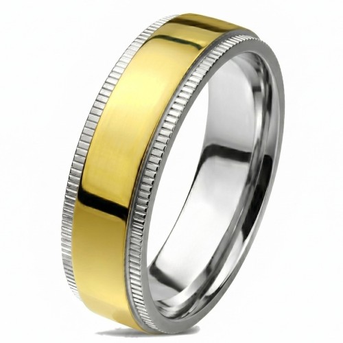 alleanza donna in titanio a due leghetti con cinturino in oro oro e bordi tritati d'argento larghezza 6mm
