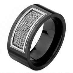 Large and virile ring for men in lacquered black titanium with plate in twisted steel wire