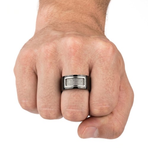 Large ring ring for man in black titanium 10mm with steel cable