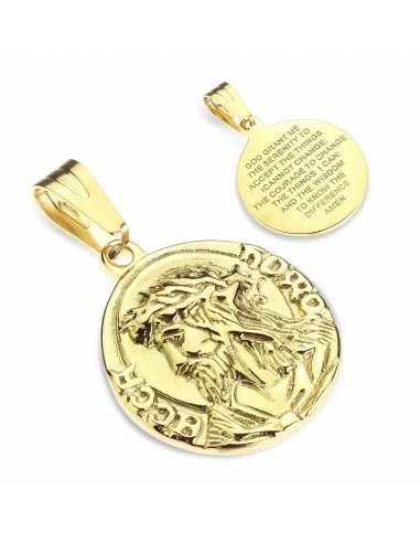 Herrenanhänger aus goldenem Stahl mit rundem Medaillon und Jesus-Ecce-Homo-Gebet