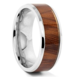 Anillo de la alianza de los hombres con bordes de plata y gran imitación de madera de rosa