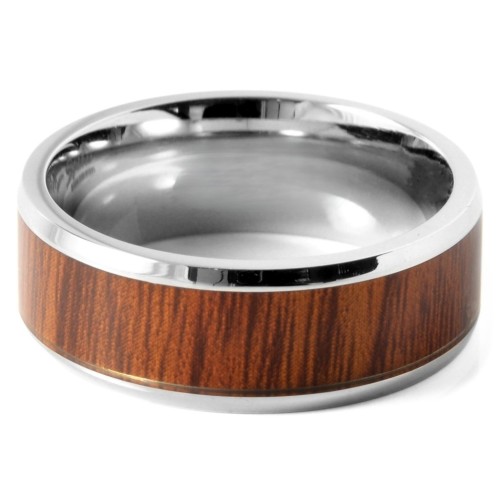 Anneau bague mariage homme titane argent avec bande centrale bois teinté moderne