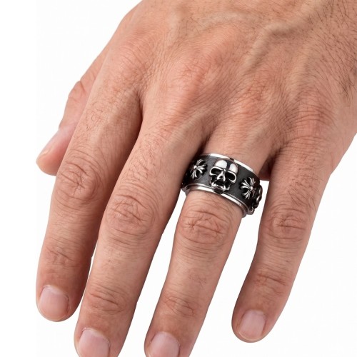 Bague rotative anti-stress pour homme en acier avec motifs têtes de mort et croix celtes sur fond noirci
