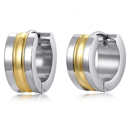 Pendientes de criollos anchos de primer plano de 7 mm de ancho para hombres en acero inoxidable de dos tonos con tira de oro