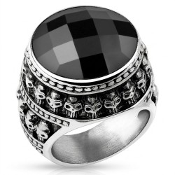 Big Knight For Hombre Biker Acero inoxidable con una piedra de piedra negra y una corona de cabezas de la muerte
