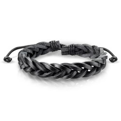 Bracelet réglable homme cuir couleur noir bandes tressées 19 à 25cm