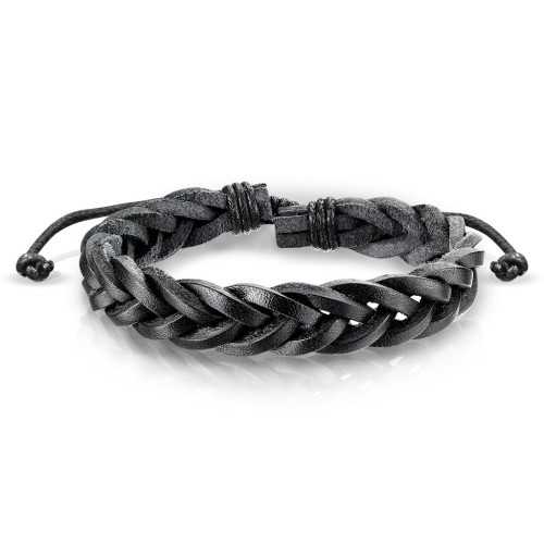 Bracciale da uomo in pelle nera regolabile con bande intrecciate da 19 a 25 cm