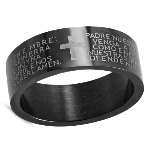 Close-up ring ring for men and woman in black stainless steel with Bible cross and prayer of our father