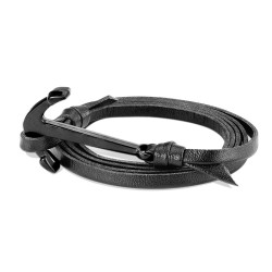 Bracciale da uomo a fascia in pelle con chiusura ad ancora marina, colore nero, acciaio, 20cm