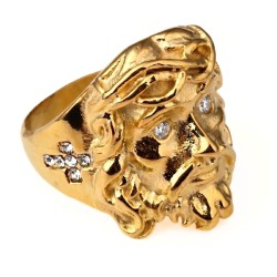 Bague chevalière imposante pour homme en acier doré moderne avec le visage de Jésus-Christ sculpté en relief