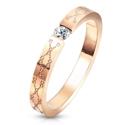 Bague solitaire moderne pour femme en acier inoxydable or rosé avec une pierre ronde en oxyde de zirconium et décor en filigrane