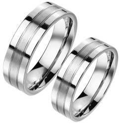 Anillo de la alianza moderna para hombres y mujeres en acero inoxidable con dos ranuras y un acabado central cepillado