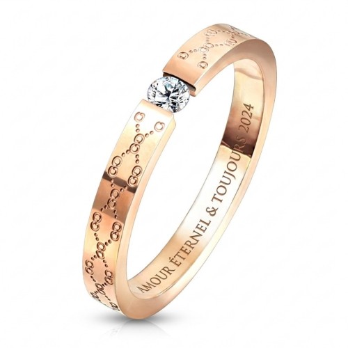 Bague solitaire femme en acier inoxydable or rosé avec pierre ronde zirconium et décor en filigrane gravée