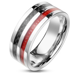 Moderner Edelstahl-Mann-Ring verziert mit doppeltem schwarzem und rotem Kohlefaserband