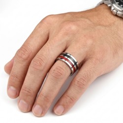 Moderner Edelstahl-Mann-Ring verziert mit doppeltem schwarzem und rotem Kohlefaserband 2
