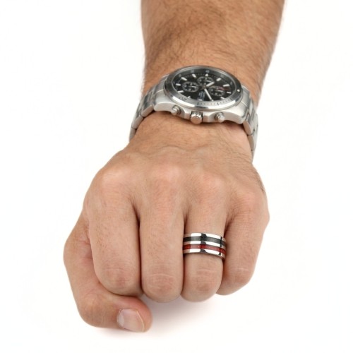Bague moderne pour homme en acier inoxydable avec double ruban en fibre de carbone noire et rouge