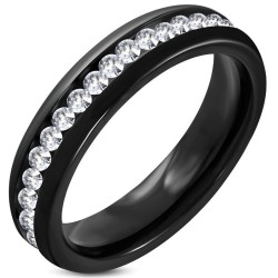 Modern Black Stainless Steel Woman Alliance Ring With a Complete Tower of Glittering Stones