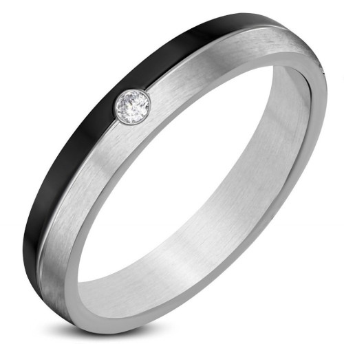 anello moderno di alleanza per donna in acciaio inossidabile nero e argento con un piccolo zircone scintillante