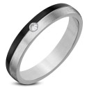 bague alliance moderne pour femme en acier inoxydable bicolore noir et argent avec petit zircon étincelant
