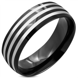 Moderner Mann Ring Ring Schwarz Edelstahl verziert Drei Flossen Satingraue Bänder