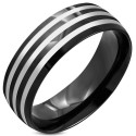 Bague anneau moderne pour homme en acier inoxydable noir décorée de trois fins rubans gris satinés