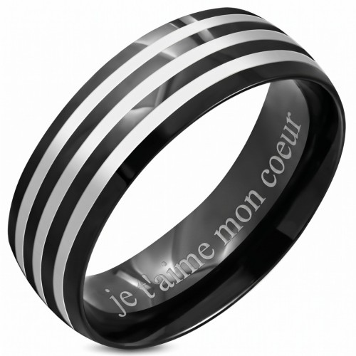 Interior liso del anillo de acero negro con tres bandas grises listas para acomodar un grabado láser personalizado