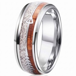 Moderner Edelstahl-Mann-Ring verziert mit Koa-Holz, einem Meteoriten-Effekt und einem Pfeil-Viking