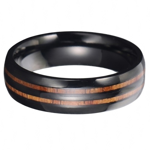 Anderer Winkel des schwarzen Stahlrings mit doppelt modernem Holzband