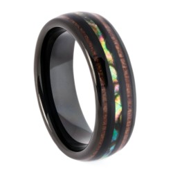 Bague alliance moderne pour homme en acier inoxydable noir incrustée de lignes en bois de Koa et de nacre opale