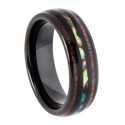 Anillo de la alianza de acero inoxidable negro moderno con incrustaciones con líneas de madera de Koa y líneas de Nacre Opal