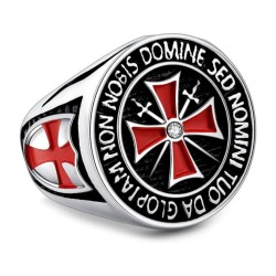 Grande Anello in acciaio inox XXL Knight con croce rossa di Malta, croce spade e strass